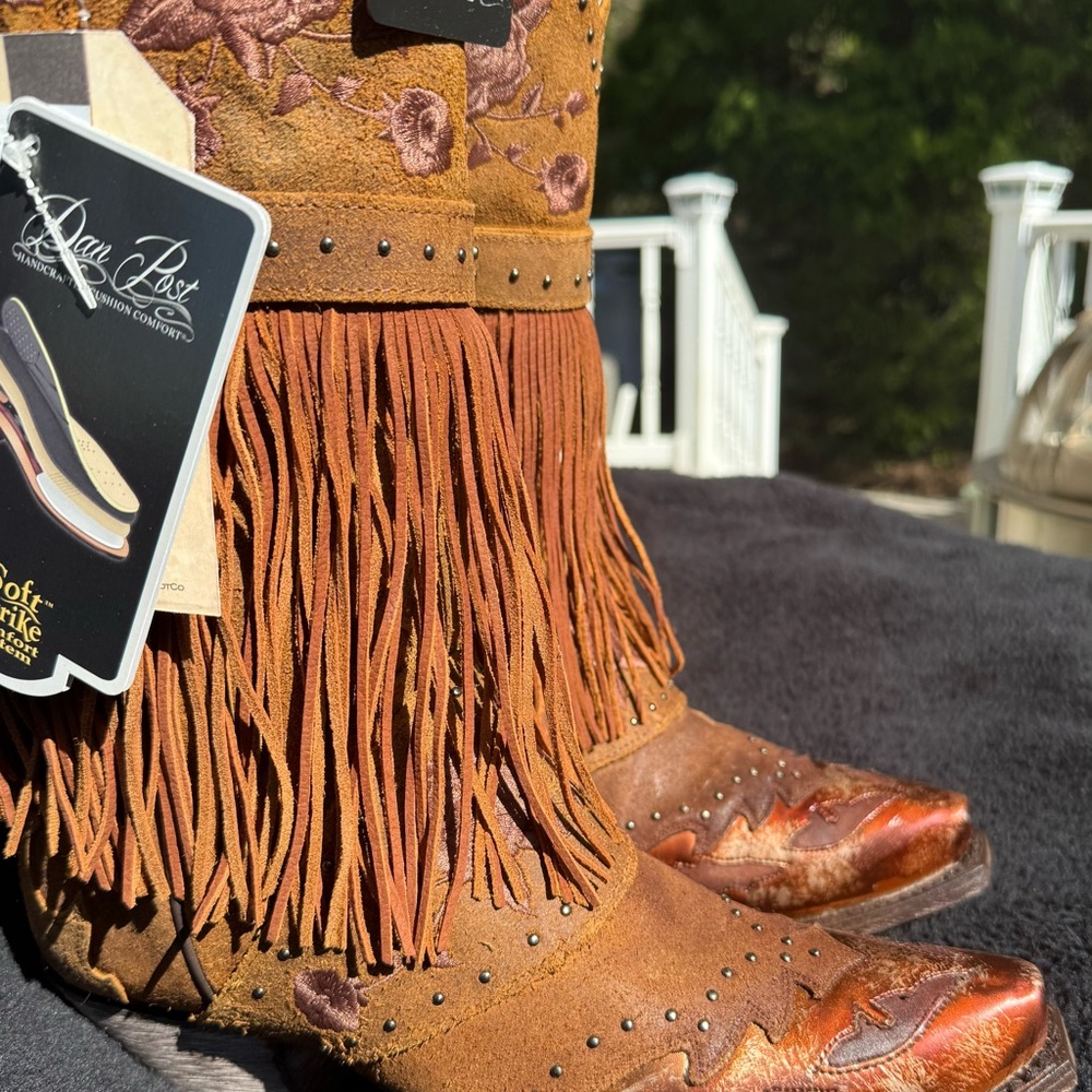 Dan Post Tan and Brown Floral Fringe Boots
